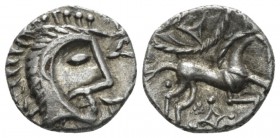 Celtic, Britain, Iceni. Unit second half I century BC, AR 12mm., 1.26g. Male head r. Rev. Horse galloping r. Van Arsdel 760. SCBC 434.
 
 Scarse, ni...