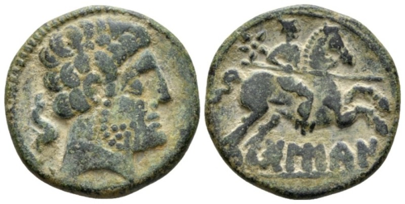 Hispania, Bolsca Unit circa 150-101, Æ 23mm., 7.78g. Bearded male head r.; dolph...