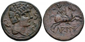 Hispania, Lakcne Bronze late 2nd-early 1st centuries BC,, Æ 26mm., 11.68g. Male head r.; three dolphins around. Rev. Horseman r., holding palm. CNH p....