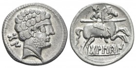 Hispania, Osca Denarius circa 150-100, AR 17mm., 3.59g. Bearded head r. Rev. Warrior, holding spear, on horseback r. ACIP 1413. SNG BM Spain 695.

A...