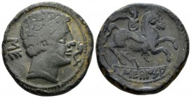 Hispania, Sekaisa Unit circa 150-100, Æ 31mm., 20.10g. Bare male head r.; dolphin before. Rev. Horseman r., holding palm. ACIP 1544. CNH 24.

Nice g...