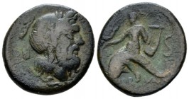 Apulia, Brundisium Semis II Cent., Æ 22mm., 7.83g. Laureate head of Neptune r., crowned by a flying Victory r. on trident. Rev. Oecist riding dolphin ...