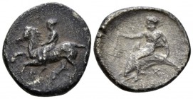 Calabria, Tarentum Nomos circa 375/0-370/65, AR 21mm., 6.44g. Youth on horseback galloping l.; Δ below. Rev. Oecist riding dolphin l., holding open fi...