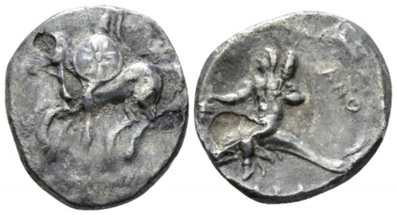 Calabria, Tarentum Nomos circa 280-272 BC, AR 20mm., 6.28g. Warrior on horseback...