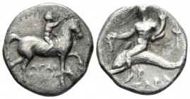 Calabria, Tarentum Nomos circa 272-240, AR 17mm., 5.60g. Youth on horseback r., crowning horse with wreath; below, ΑΓΑΘ[/ΑΡΞΟΣ]. Rev. Oecist riding do...