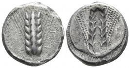 Lucania, Metapontum Nomos circa 4707-440, AR 18mm., 7.28g. Barley ear. Rev. Incuse barley ear. Noe Class XI, 235–238. Historia Numorum Italy 1484.

...