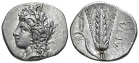 Lucania, Metapontum Nomos circa 330-290, AR 23mm., 7.69g. Head of Demeter l., wearing barley wreath. Rev. Barley ear; in l. field, tongs. Johnston cla...