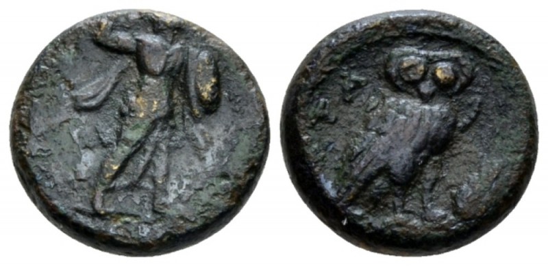 Lucania, Metapontum Bronze circa 225-200, Æ 15mm., 4.66g. Athena Alkidemos advan...