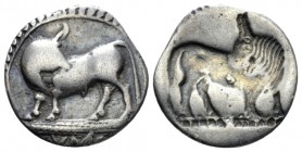 Lucania, Sybaris Drachm circa 550-510, AR 18mm., 2.05g. Bull standing l. on dotted exergual line, looking backward; in exergue, VM. Rev. The same type...