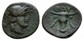 Lucania, Thurium Bronze after 300, Æ 10mm., 0.80g. Head of Athena r., wearing Attic helmet, Rv. Bucranium facing, decorated with fillets. SNG Copenhag...