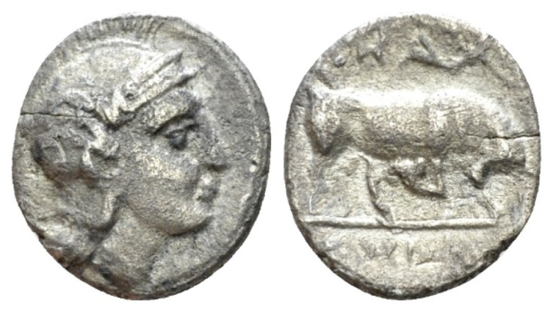 Lucania, Thurium Triobol circa 300-280, AR 11mm., 1.00g. Head of Athena r., wear...