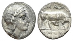 Lucania, Thurium Triobol circa 300-280, AR 11mm., 1.00g. Head of Athena r., wearing crested Attic helmet. Rev. Bull charcing r., crowned by Nike above...