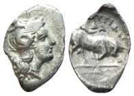 Lucania, Thurium Triobol circa 300-280, AR 14.5mm., 0.94g. Head of Athena r., wearing Attic helmet decorated with Scylla hurling rock. Rev. Bull butti...