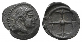 Sicily, Syracuse Litra circa 480-470, AR 10mm., 0.50g. Diademed head of nymph r. Rev. Wheel with four spokes. Boehringer 362-370. SNG ANS 116.

Tone...
