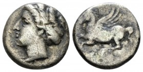 Sicily, Syracuse Drachm circa 343-339 BC,, AR 13mm., 2.35g. Pegasus flying l.; ΣI below. Rev. Head of female l., hair in band. O. Ravel, "Contribution...
