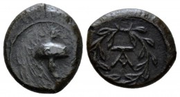 Sicily, The Campanian mercenaries Tauromenium Bronze circa 354-344, Æ 13mm., 1.80g. Helmet r. Rev. Monogram within wreath. Calciati 2-3. Castrizio Ser...