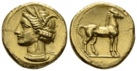 The Carthaginians in Sicily and North Africa, Carthago (?) Stater circa 350-320, AV 18.7mm., 9.12g. Head of Tanit (Kore-Persephone) l., wearing barley...