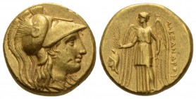 Kingdom of Macedon, Alexander III, 336 – 323 Sardes Stater circa 325-323, AV 18mm., 8.61g. Helmeted head of Athena r. Rev. Nike standing r., holding w...