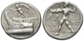 Kingdom of Macedon, Demetrios Poliorketes 294-288 Tarsus Tetradrachm circa 298-295, AR 24mm., 17.03g. Winged Nike with trumpet and stylus standing on ...