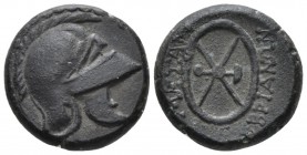 Thrace, Mesembria Bronze circa 300-250, Æ 18mm., 6.03g. Crested Thracian helmet r. Rev. Legend around shield. SNG BM Black Sea 276 var. (helmet l.). S...