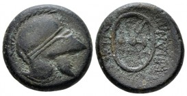 Thrace, Mesembria Bronze circa 300-250, Æ 18mm., 5.82g. Crested Thracian helmet r. Rev. Legend around shield. SNG BM Black Sea 276 var. (helmet l.). S...
