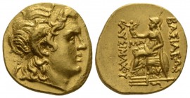 Kingdom of Thrace, Lysimachus, 305-281 and posthumous issues. Byzantium Stater circa 205-195, AV 18mm., 8.45g. Deified head of Alexander r., with horn...