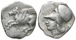 Acarnania, Leucas Stater circa 375-350, AR 20mm., 8.23g. Pegasus with straight wings flying l. Rev. ΛEY Helmeted head of Athena l., wearing Corinthian...