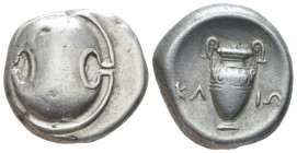Boeotia, Federal Coinage, Stater Klio, magistrate circa 379-338 BC Thebes Stater circa 379-338, AR 20.6mm., 11.56g. Boeotian shield. Rev. Amphora. Hep...