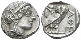 Attica, Athens Tetradrachm after 449, AR 24mm., 17.04g. Head of Athena r., wearing Attic helmet decorated with olive leaves and palmette. Rev. Owl sta...