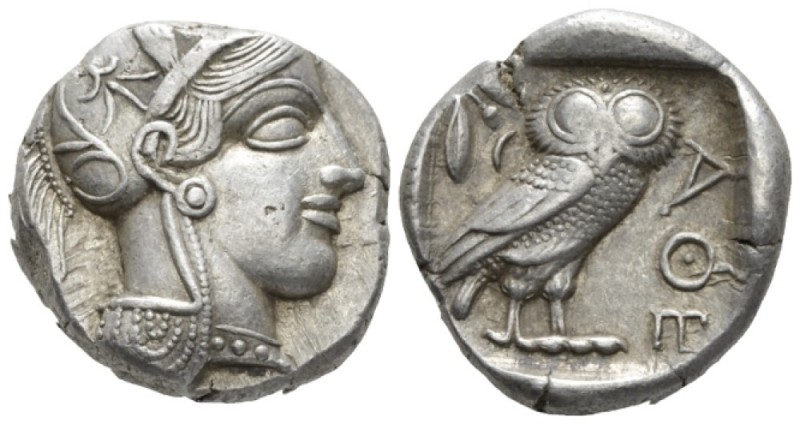 Attica, Athens Tetradrachm after 449 BC, AR 24mm., 17.17g. Head of Athena r., we...