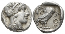 Attica, Athens Tetradrachm after 449 BC, AR 24mm., 17.17g. Head of Athena r., wearing Attic helmet decorated with olive leaves and palmette. Rev. Owl ...