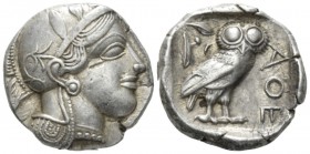 Attica, Athens Tetradrachm after 449, AR 24mm., 17.19g. Head of Athena r., wearing Attic helmet decorated with olive leaves and palmette. Rev. Owl sta...