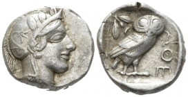 Attica, Athens Tetradrachm after 449, AR 25mm., 17.15g. Head of Athena r., wearing Attic helmet decorated with olive leaves and palmette. Rev. Owl sta...