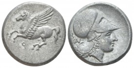 Corinthia, Corinth Stater circa 350-340, AR 20mm., 7.86g. Pegasus flying l. Rev. Head of Athena r., wearing Corinthian helmet; in l field, monogram. R...