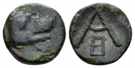 Argolis, Argos Chalkous IV cent., Æ 12mm., 1.31g. Head of wolf r. Rev. Large A above heta. BCD Pelopponessos 1052.4 var.

Very Fine.

From the E.E...