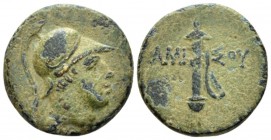 Pontus, under Mithradates VI Eupator Amisus Bronze circa 85-65, Æ 21mm., 7.65g. Helmeted head of Ares r. Rev. Sword in sheath. RG 29. SNG BM Black Sea...
