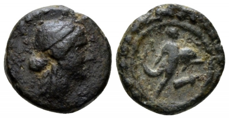 Caria, Iasos Bronze circa 250-190, Æ 14mm., 2.45g. Laureate head of Apollo r. Re...