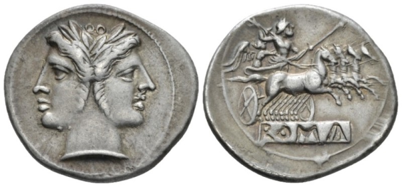 Quadrigatus circa 225-214, AR 25.3mm., 6.57g. Laureate Janiform head of Dioscuri...