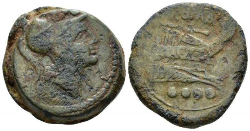 Triens Central Italy circa 208, Æ 27mm., 19.25g. Helmeted head of Minerva r.; ab...