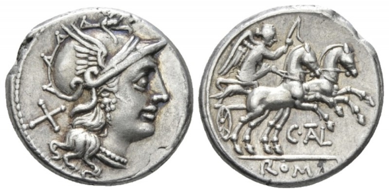 C. Iuventius Thalna. Denarius circa 154, AR 18.7mm., 3.90g. Helmeted head of Rom...