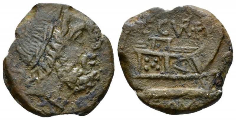 C. Curatius Trigeminus. Semis circa 133, Æ 21mm., 5.96g. Laureate head of Saturn...