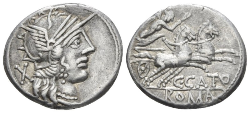 C. Porcius Cato. Denarius circa 123, AR 19.5mm., 3.87g. Helmeted head of Roma r....