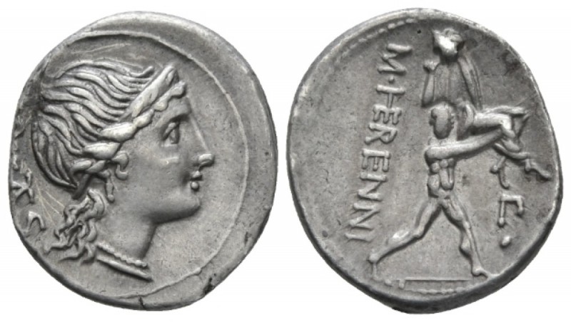 M. Herennius. Denarius circa 108 or 107, AR 17.5mm., 3.87g. PIETAS Diademed head...