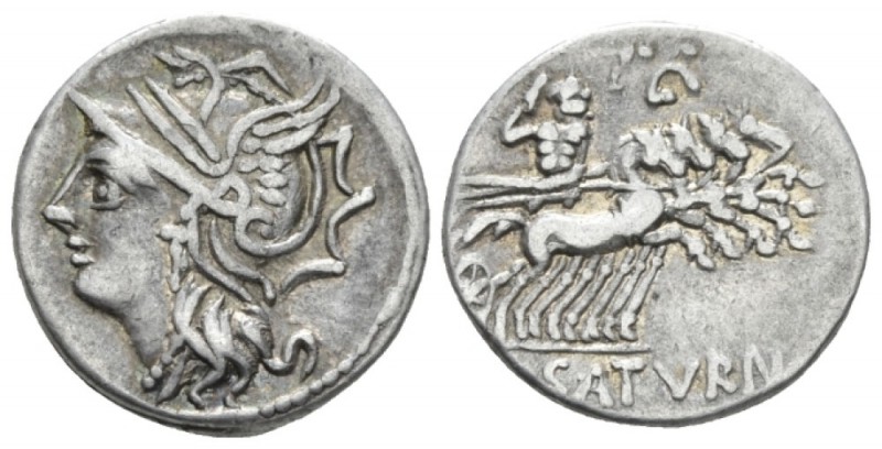 L. Appuleius Saturninus. Denarius circa 104, AR 17.8mm., 3.90g. Helmeted head of...