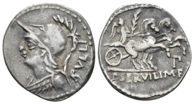 P. Servilius M.f. Rullus. Denarius circa 100, AR 19mm., 3.70g. Helmeted bust of ...