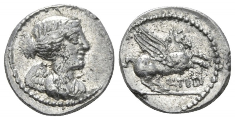 Q. Titius. Quinarius 90, AR 13.8mm., 1.91g. Draped bust of Victory r. Rev. Pegas...