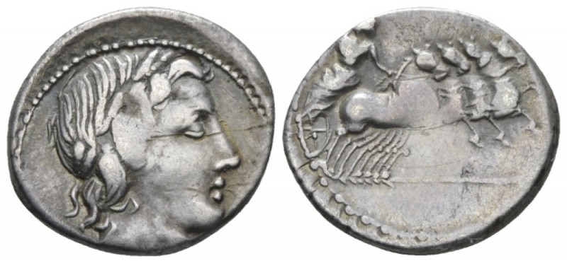 Gar, Ogul, Ver. Denarius circa 86, AR 19.5mm., 4.05g. Laureate head of Apollo r....