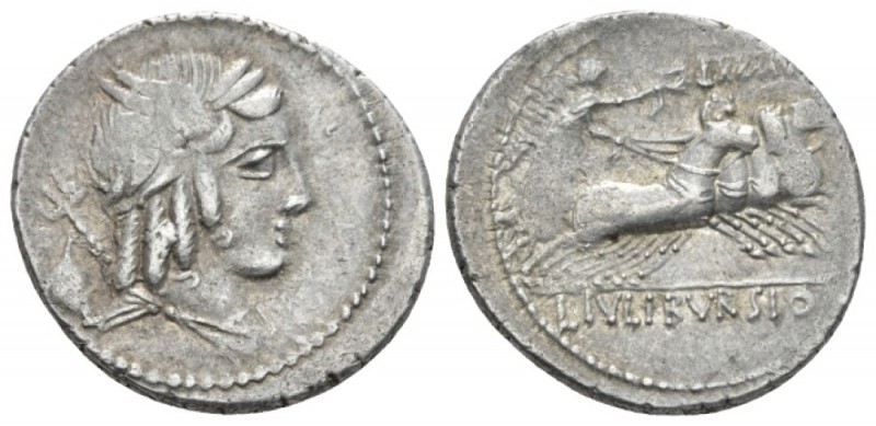 L. Iulius Bursio. Denarius circa 85, AR 20mm., g. Male head r., with the attribu...