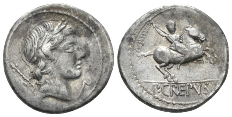 P. Crepusius. Denarius circa 82, AR 18mm., 3.80g. Laureate head of Jupiter Axuru...