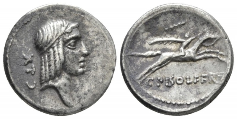 C. Calpurnius L.f. Frugi. Denarius circa 67, AR 17.8mm., 3.88g. Head of Apollo r...